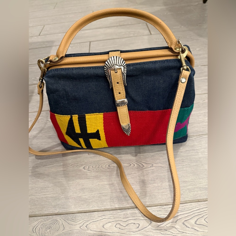 T. Cappelli Vintage kilim & Denim Crossbody Satchel w   Leather Tan Strap